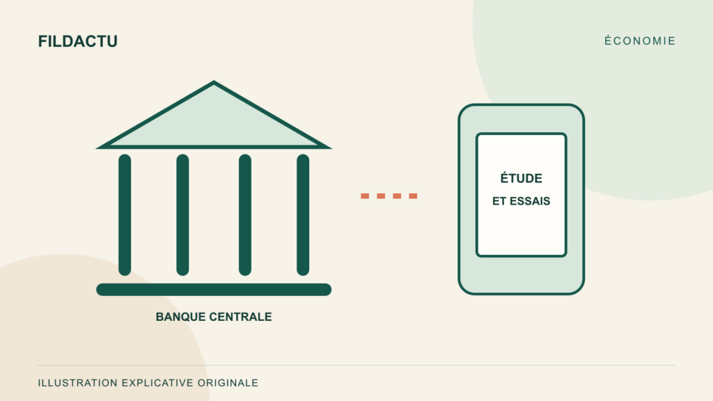 Schéma original distinguant une étude de banque centrale et un usage public d’une monnaie numérique, sans représenter un produit lancé.