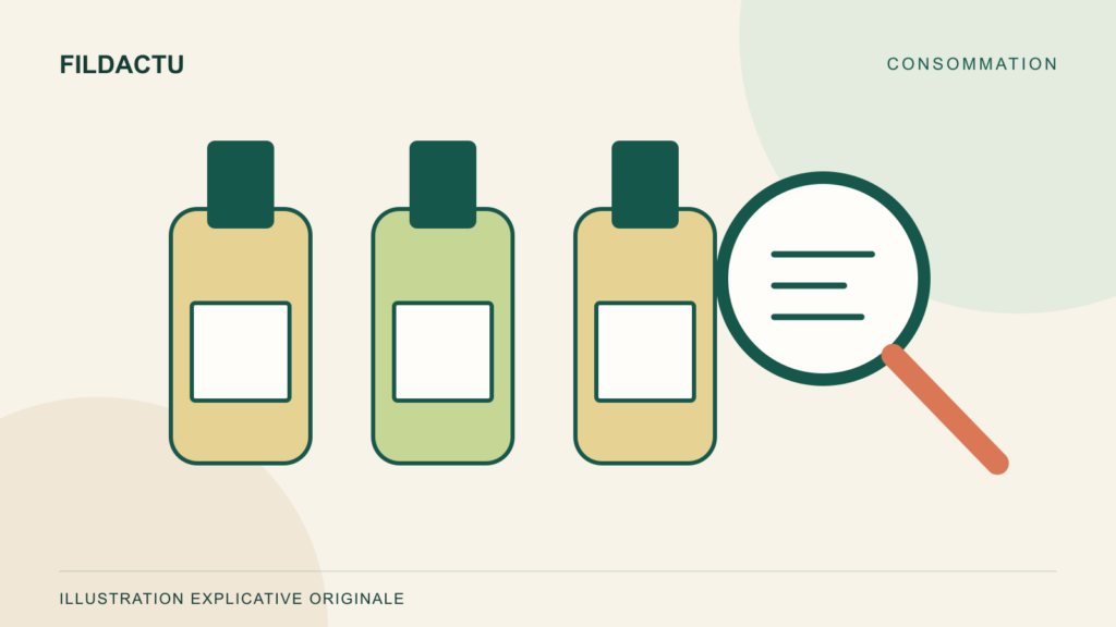 Illustration originale de bouteilles d’huile d’olive et d’une étiquette examinée à la loupe, sans marque commerciale.