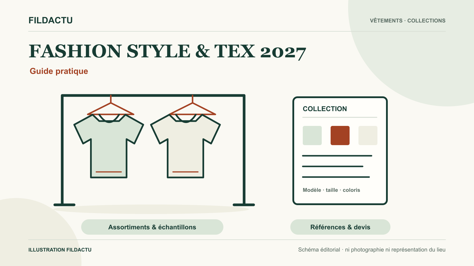 Illustration de vêtements sur un portant, de tissus et d’une fiche de collection pour préparer Fashion Style & Tex 2027.