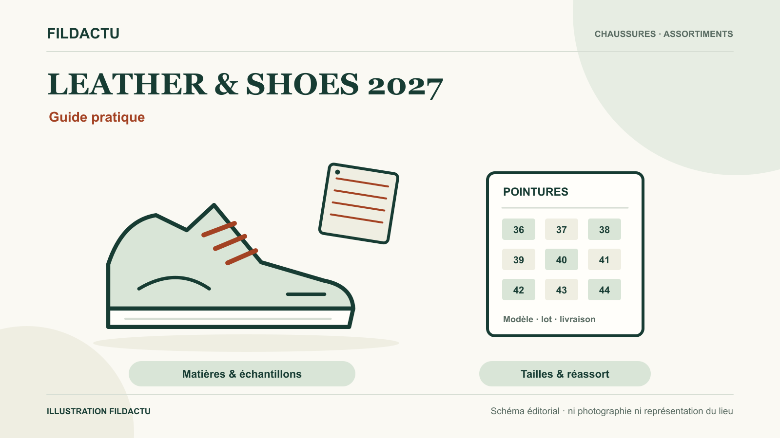 Illustration schématique d’une chaussure, d’échantillons de matière et d’une grille de pointures pour Leather & Shoes 2027.