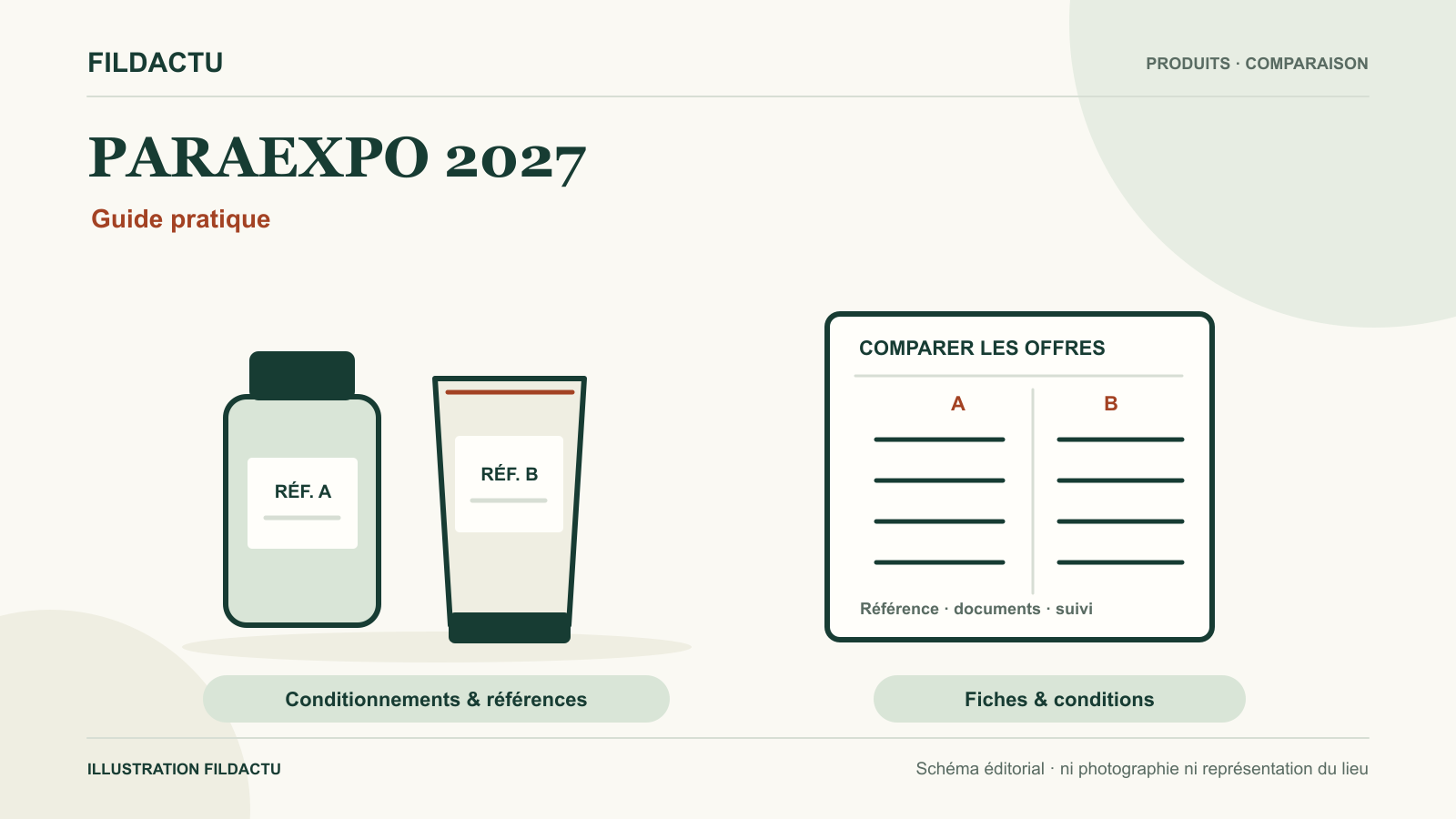 Illustration de conditionnements génériques et de deux fiches de comparaison pour préparer une visite à PARAEXPO 2027, sans marque ni allégation de soin.