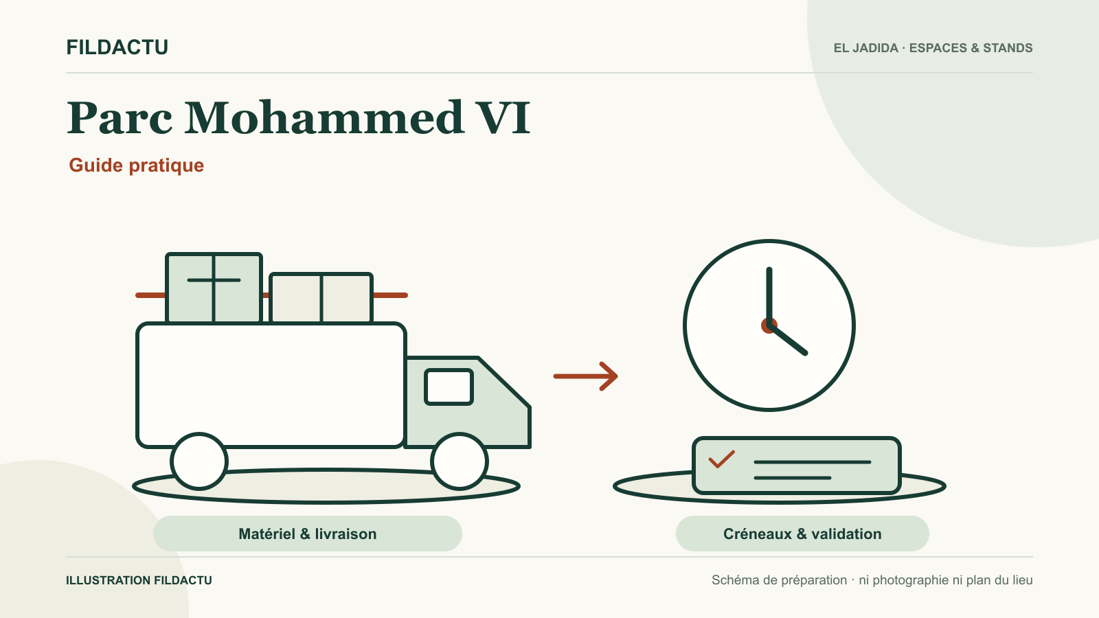 Schéma de préparation logistique avec caisses, véhicule et horloge, sans route ni plan du Parc Mohammed VI.