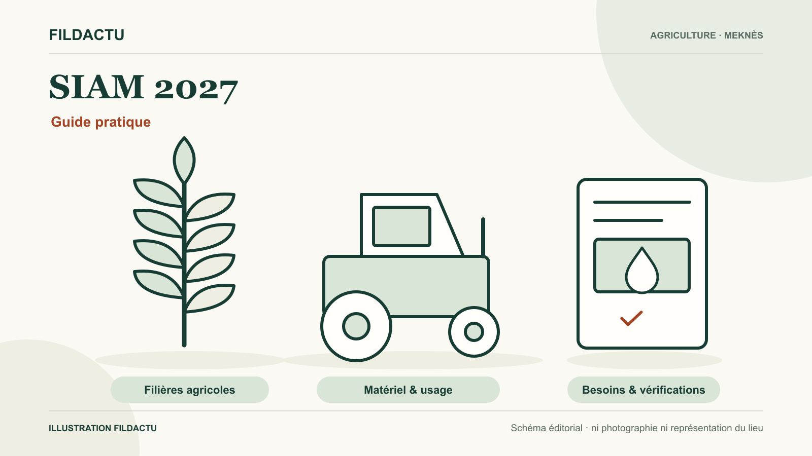 Illustration d’une plante, d’un matériel agricole et d’une fiche de besoins, sans culture, rendement ou installation réelle.