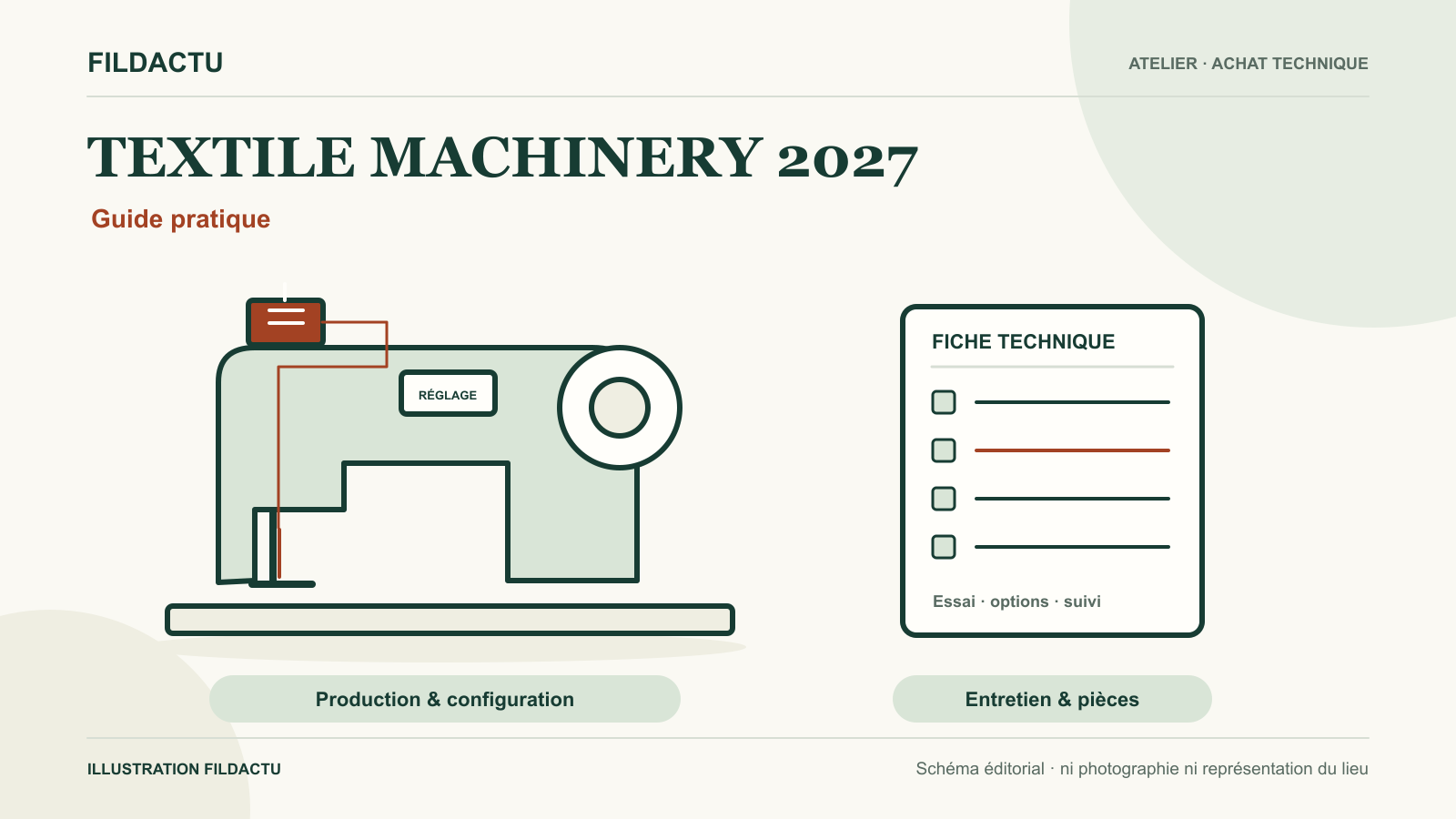 Illustration d’une machine à coudre schématique et d’une fiche de comparaison technique pour Textile Machinery 2027.